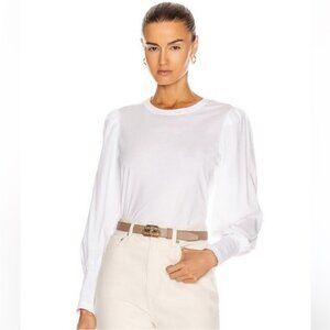 Womens A.L.C. Karter White Cotton Smocked Cuff Puff Sleeve T-Shirt Blouse Top XS